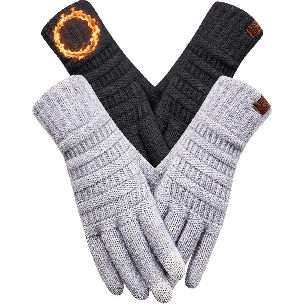 2 Pairs Winter Gloves for Women, Touch Screen Warm Knit Thermal Gloves for Cold